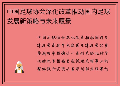 中国足球协会深化改革推动国内足球发展新策略与未来愿景