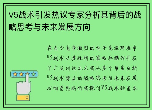 V5战术引发热议专家分析其背后的战略思考与未来发展方向